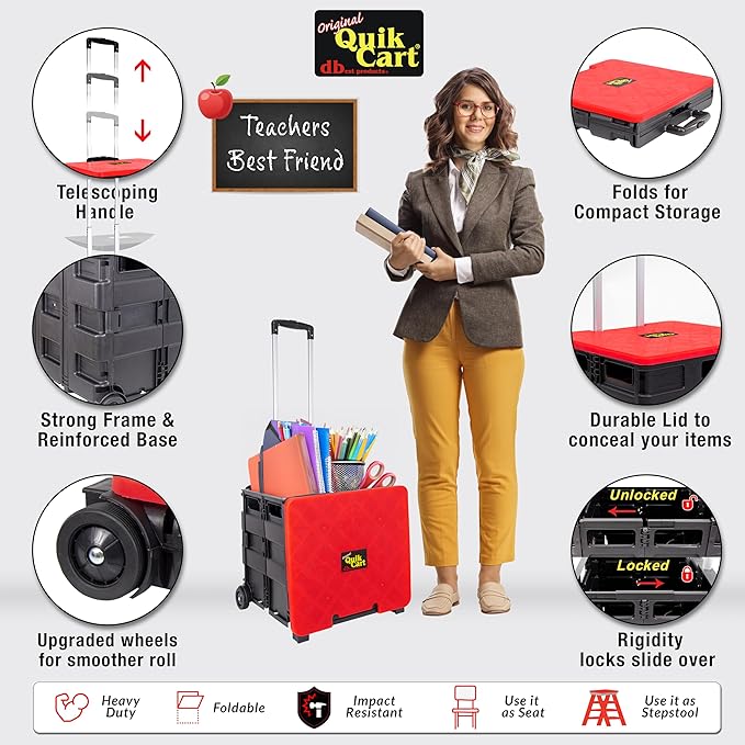 dbest Products Quik Cart Standard Collapsible Rolling Crate - Red Lid | with Wheels, Roll Up to 80 lbs Capacity, Heavy Duty Plastic Construction, Telescoping Handle, Foldable Utility Cart