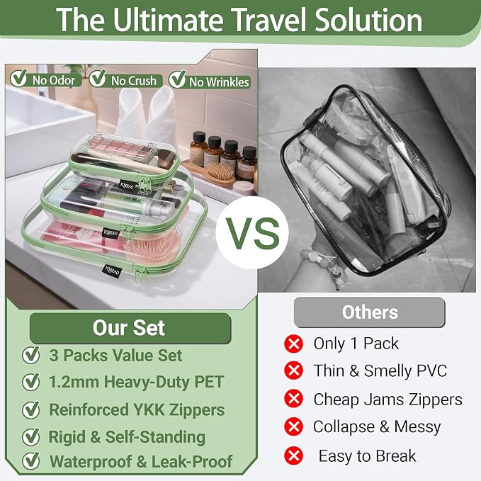 YQBRAO Clear Hard Shell Organizer Cases, 3-Pack, Green | Large, medium & small rigid PET organizers for home, travel, crafts and everyday organization