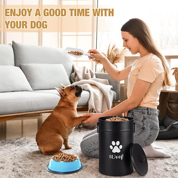 DoubleFill Extra Large 30+14 lb Metal Dog Food Storage Containers, Black | Airtight Dog Treat Snack Jars with Lids and Spoon, Farmhouse Style Big Pet Cookie Storage Bin for Kitchen Counter, Set of 2