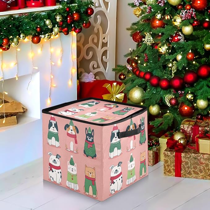 OTVEE Christmas Ornament Storage Box Holiday Decoration Organizer Stores upto 64 Holiday Ornaments Adjustable Dividers Tear-Proof Fabric Christmas Pet Print