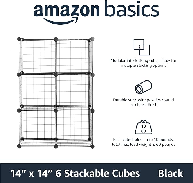 Amazon Basics 6 Cube Wire Grid Storage Organizer, Stackable Cubes, Cubby Bookcase, Display Shelf, 14" D x 14" W x 14" H, Black