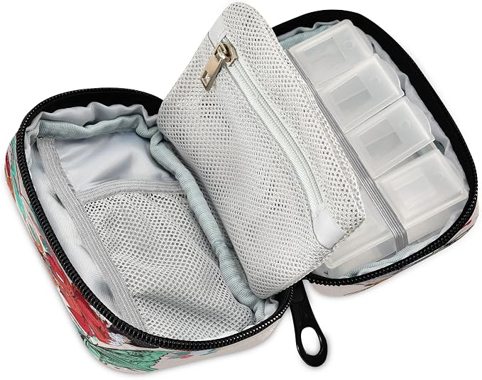 Naanle Floral Butterfly Hummingbird 7 Day Pill Case Travel Pill Organizer Bag with Zipper Portable Weekly Case Compact Size for Vitamin Supplement Holder