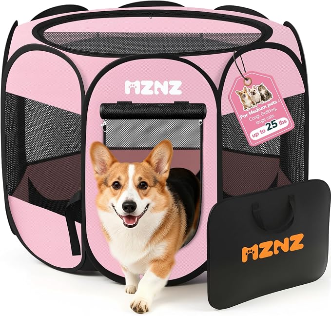 Dog Cat Small Animal Puppy Playpen Crate, Medium, Whole Pink | Portable Pop Up Pet Cage Enclosure Tent Kennel Indoor Outdoor with Carrying Case, No Assembly, Camping Use