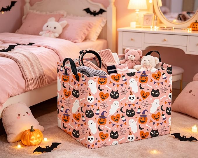 Rectangular Halloween Basket for Boys and Girls Kids Trick or Treat Pumpkin Basket for Halloween Parties Cute Storage Bin Organizer Box Room Decor(Pink Heart Halloween)