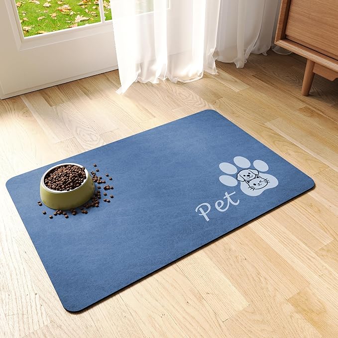 Dog Cat Feeding Mat-Absorbent Pet Bowl Mat for Food and Water, Quick Dry Water Dispenser Mat for Floors with Waterproof Rubber Backing, Puppy Cat Placemat Mats for Messy Drinkers,12"x20",Blue