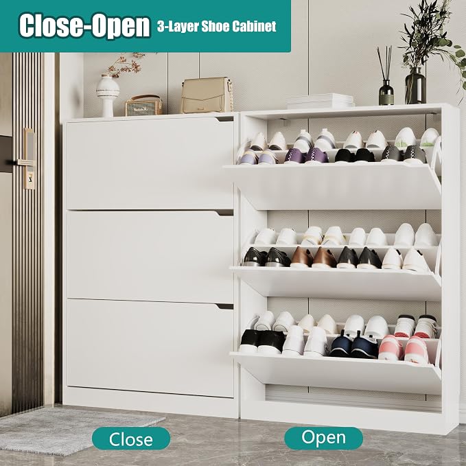 Xixini Shoe Storage Cabinet for Entryway with 3 Flip Drawers, Sturdy Wood Hidden Shoe Storage, Freestanding Narrow Slim Shoe Organizer for Front Door Entrance, Living Room, Hallway, Bedroom, White
