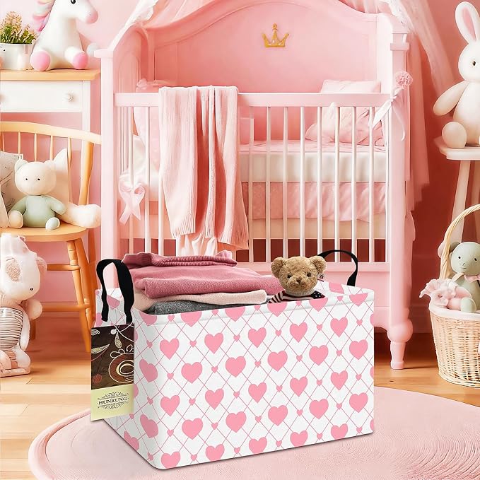 Rectangle Canvas Foldable Storage Basket for Nursery, Heart
