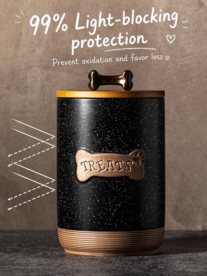 Miamolo Dog Treat Container, Dog Treat Jar for Countertop Airtight Seal Lid | Ceramic, 8 Cups, Wooden Lid, Cast-iron Handle | Dog Food Storage Container, Decorative Dog Cookie Canister, Bone Dotted Black