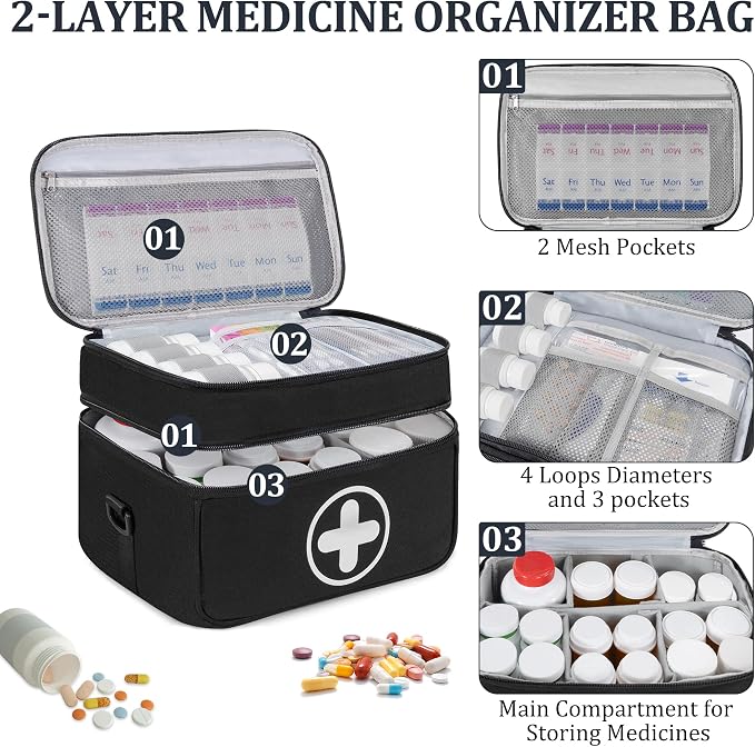 Medicine Storage Bag, 2 Layer Pill Bottle Organizer Storage Bag Empty | Lockable Medical Travel Bag with Adjustable Divider, Suitable for Pills, Vitamins, Fish Oil, Medical Supplies