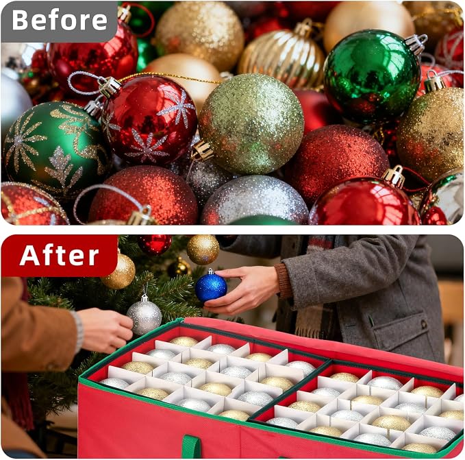 Christmas Ornament Storage Box with Adjustable Dividers and Side Pockets, Large Ornaments Storage Container Bin with Zippered Top for Xmas Decorations (128-3" Balls, Red, With Tray)