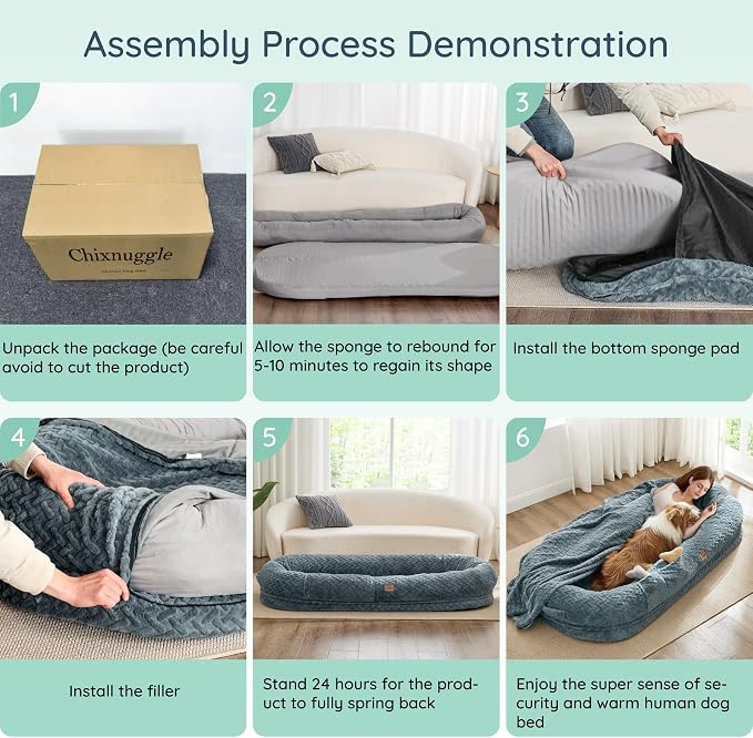 ChiXnuggle Orthopedic Human Dog Bed,with Faux Fur Washable Cover,Blanket | navy,72*40*10,giant dog bed for adult or extra large dogs,egg crate foam,non-slip bottom