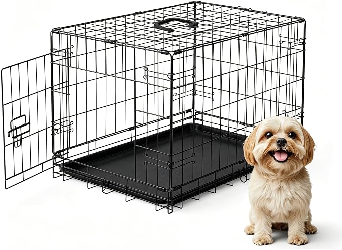 DUMOS Dog Crate 30 Inch, Foldable Puppy Small Medium Dog Cage Pet Kennel | Single Door Metal Wire, Plastic Leak-Proof Pan Tray, Portable Indoor Outdoor Training Travel