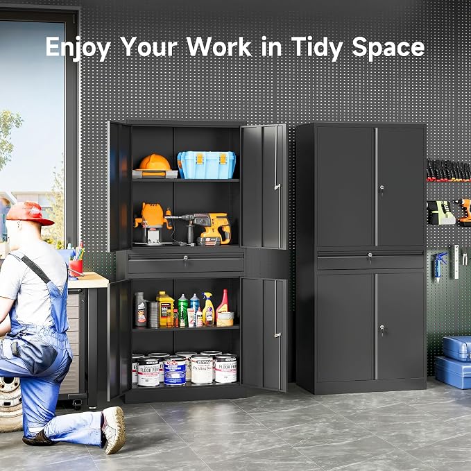 Metal Garage Storage Cabinet with Drawer and Lock,Black Metal Storage Cabinet with Locking Doors and Adjustable Shelves,71" Tall Large Steel Tool Cabinets for Home,Office,Garage,Shop