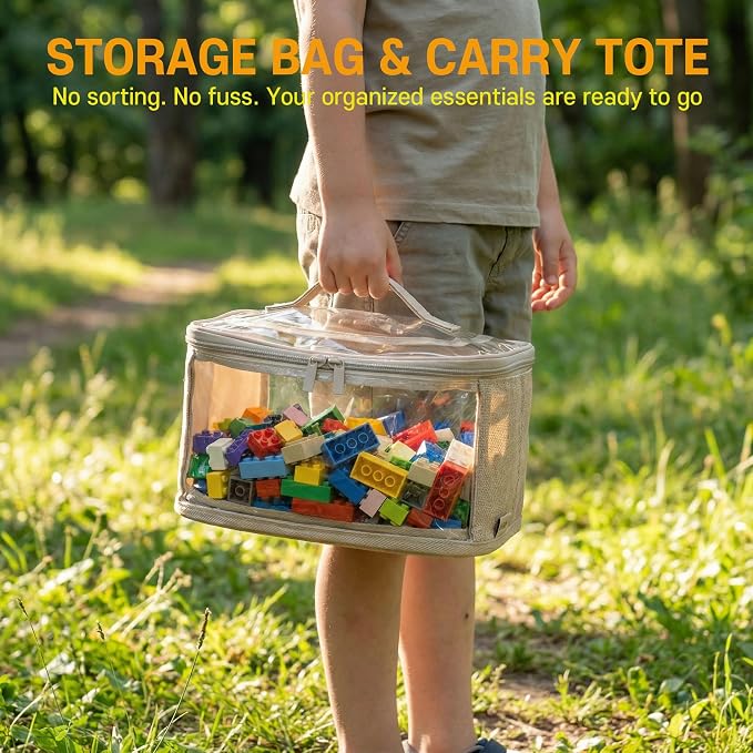 holay 4 Pack Clear Toy Storage Bags with Zipper & Handle, Board Game Bins | Reinforced base stands upright; clear PVC front; holds toys, board games & busy bags; foldable for playroom & travel
