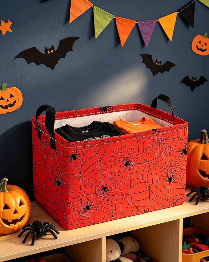 Essme Rectangular Spider Basket,Kids Storage Bins Organizer with Handles for Farm Room Decor, Gift Basket,Shelf Basket.(Red Spider)