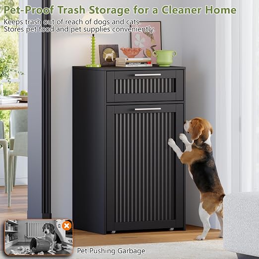 Single 13 Gallon Pull Out Trash Can Cabinet with Drawer, Garbage Cabinet | Pet Proof Hidden Trash Storage, Fluted Farmhouse Design, Space-Saving Kitchen Organizer, Dining Room Storage,Black