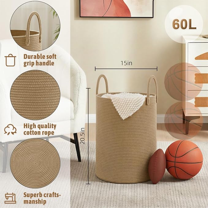 Artfeel Laundry Basket,Woven Cotton Rope Laundry Hamper,60L for Decorative Storage of Dirty Clothes,Toys and Blankets in Bathroom,Baby Room and Living Room