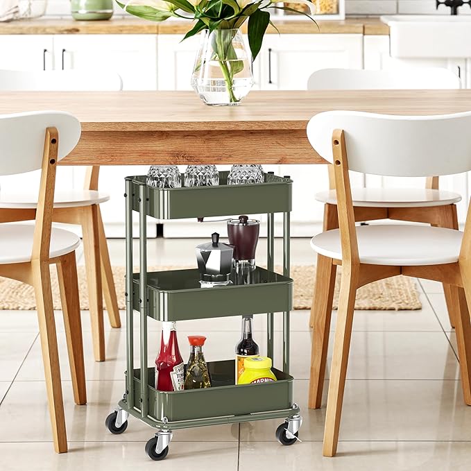 Simple Houseware 3-Tier Utility Cart, Low 24" Height Fits Under Desk, Green | Compact & Lower Height Great for Under-Desk Space-Saving Storage for Home Office, Dining Room, or Kitchen