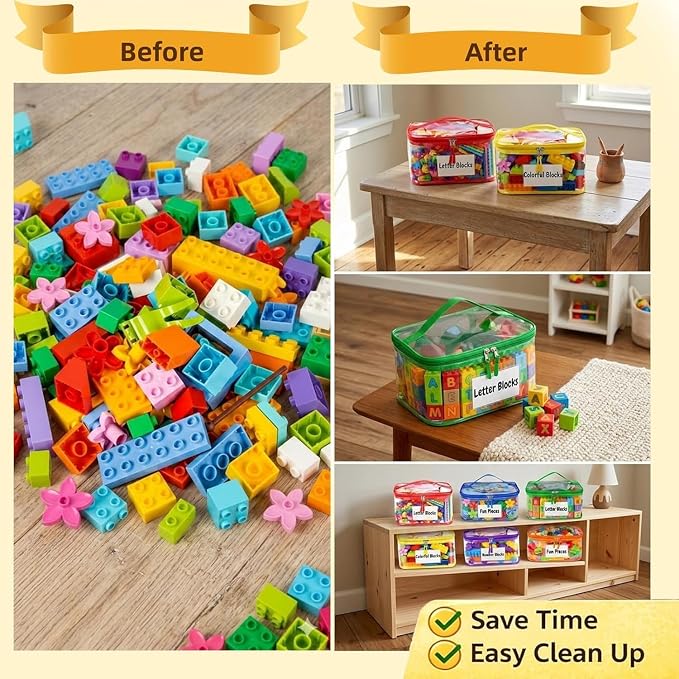 6 Pack Clear Toy Storage Bags, Kids Toy Organizer with Zipper, Waterproof PVC, Large Capacity for Puzzles, Blocks & Board Games, Easy Sorting with Labels