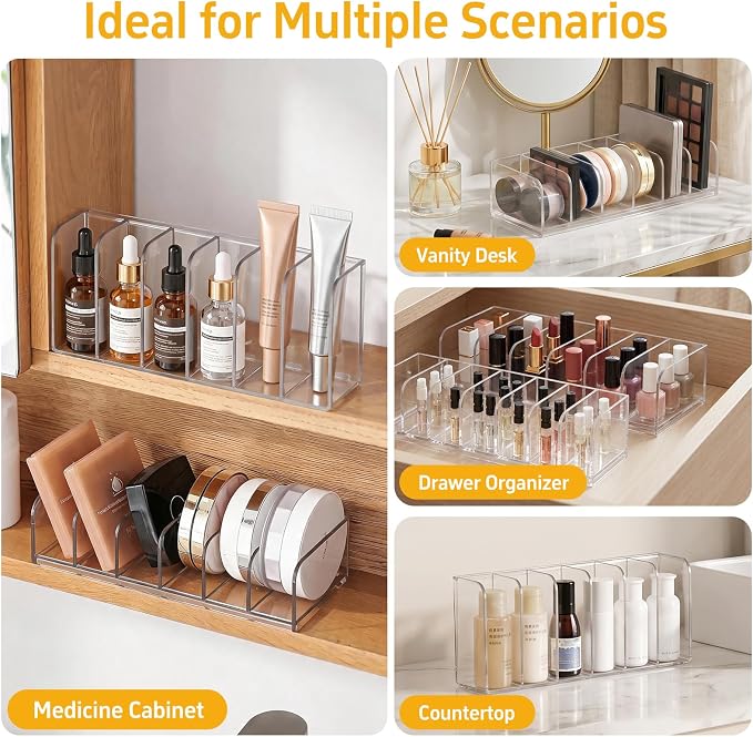Medicine Cabinet Makeup Organizer with 3.3° Tilt | 6 Compartments, Holds Blush & Palettes; Horizontal & Vertical Dual Use for Vanity, Countertop & Drawer Storage
