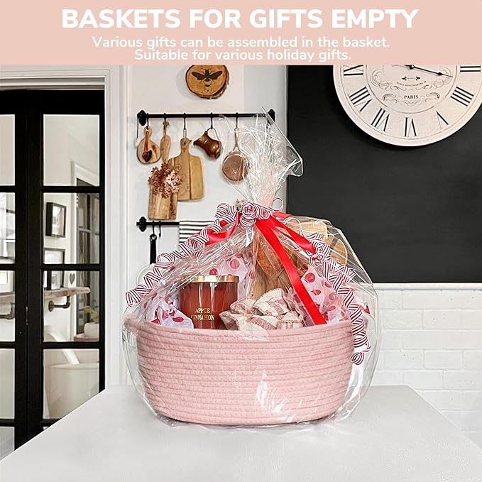 Goodpick Small Woven Rope Gift Basket Empty, 12"x 8"x 5", Pink | Baby Basket for Baby Showers Toys, Fits Living Room Nursery Bedroom Organization, with Durable Handles
