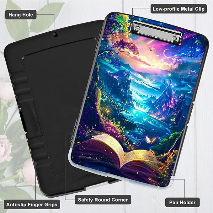 Book Mountains A4 Clipboard with Storage Pen Holder, Clipboards Organizer Nursing Clipboard Foldable File Folder Plastic Clipboard Folio Clip Board for Office Students Classroom Doctor