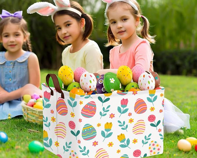 Large Rectangular Easter Baskets Empty Waterproof Boy Toy Box Foldable Kid's Gifts Storage Bin Spring Room Decor(Rose Egg)