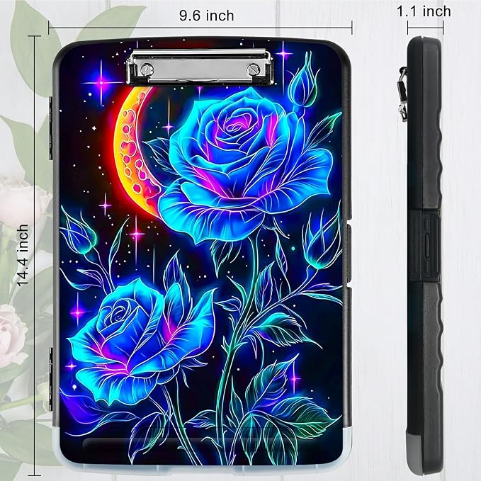 Blue Rose Moon A4 Clipboard with Storage Pen Holder, Clipboards Organizer Nursing Clipboard Foldable File Folder Plastic Clipboard Folio Clip Board for Office Students Classroom Doctor