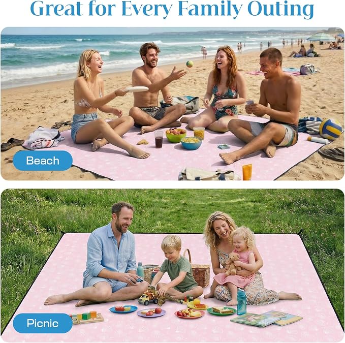 OIGAE Beach Blanket Waterproof Sandproof Oversized Beach Mat | Picnic Mat with Stakes, Storage Bag - Essentials for Outdoor Beach, Picnic,Quick-Dry Lightweight,Windproof Pockets