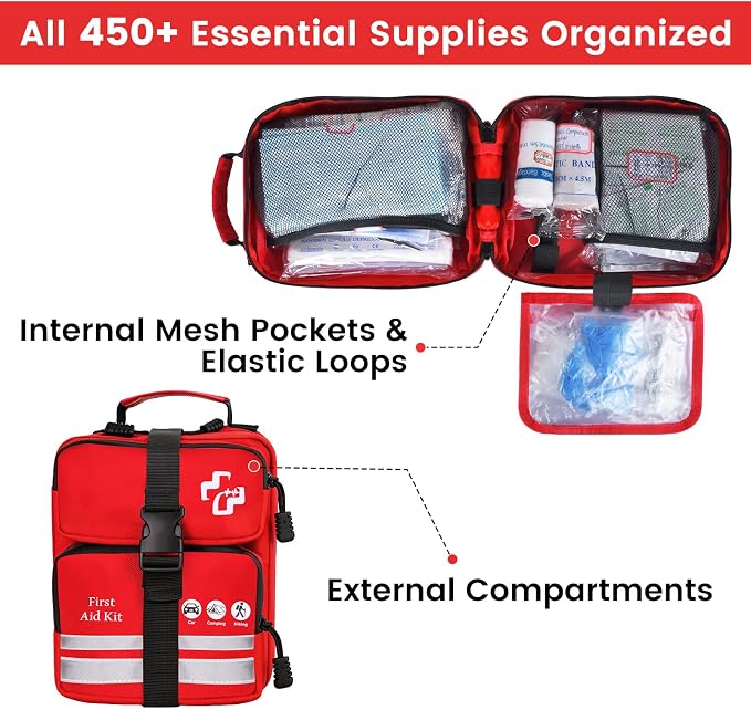 450 Piece Premium First Aid Kit, Water-Resistant Emergency Medical Kit with MOLLE System for Car, Home, Travel, Camping, Hiking & Outdoor Preparedness