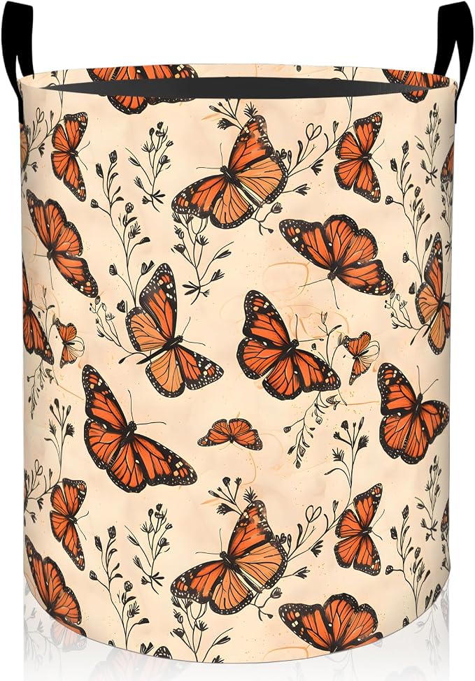 Butterfly Laundry Basket, Vintage Butterflies Foldable Oxford Cloth, Waterproof Dirty Clothes Hamper with Handles, Clothing Storage Bin Toy Organizer for Bedroom Dorm Bathroom, 19.7"x15.7"