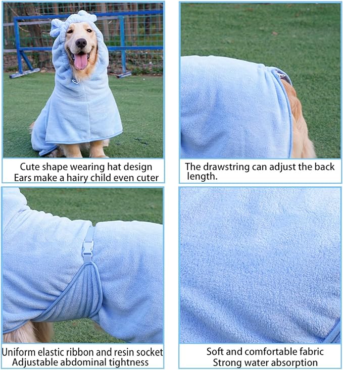 Dog Bathrobe Towel, Cat Bathrobe Microfiber Fast Drying Absorbent Hooded Bath Towel for Puppy Small Medium Large Dog Cat(Blue,XS)