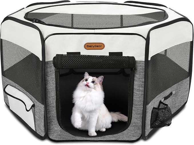 Seiyierr Dog Playpen, Portable Pet Play Pen Foldable Carrying Case, Puppy Pens Outsid for Small Cat Indoor/Outdoor, Removable Mesh Shade Cover