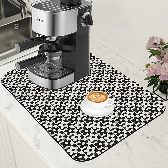 Black and White Checkered Flower Dish Drying Mat for Kitchen Counter Absorbent Coffee Bar Mat with Hide Stain Rubber Backed Coffee Maker Espresso Machine Cafe Table Accessories 11.8 x 19.7 Inch