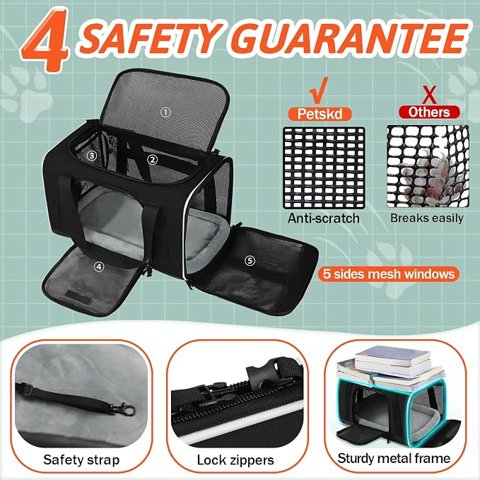 Small Pet Carrier 17"x12"x8.5" with Wheels Airline Approved, Black | for JetBlue/Frontier/Spirit Airlines, Lockable Safety Zippers and Anti-Scratch Mesh, Pets Under 8 lbs
