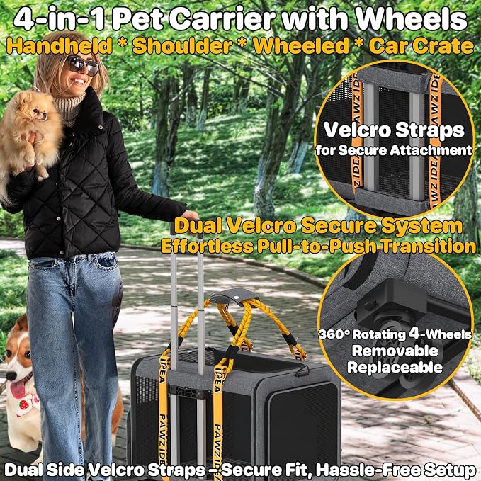 PAWZIDEA Expandable Large Pet Carrier with Wheels, 24x16x16 in Rolling Cat Carrier for 2–4 Cats up 55lb, Soft-Sided Collapsible Small Medium Dog Crate for Car Travel, Telescopic Handle, Storage Pocket