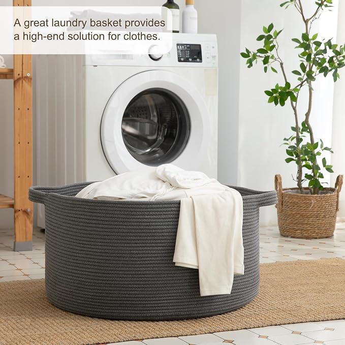 OIAHOMY 90L Extra Large Blanket Basket - Decorative Cotton Rope Storage Basket for Bedroom, Living Room & Nursery - Woven Laundry Hamper for Organizing Blankets, Clothes & Toys - Grey