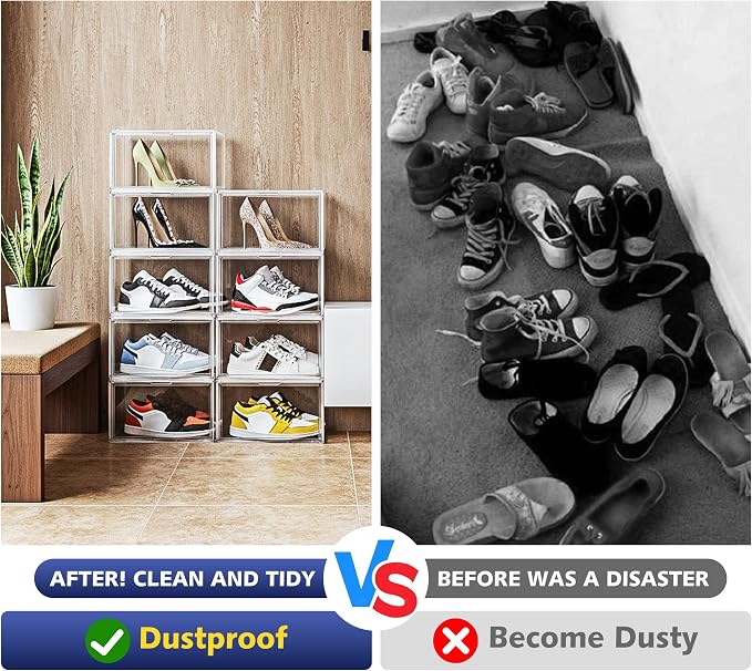 2 Pack Acrylic Clear Shoe Storage Boxes, Fits Up to Men's Size 12 | Transparent Display Case for Sneaker Collections, Baseball Caps, Hat Organizer Dust-free Shoe Cubbies Stackable Sneaker Boxes