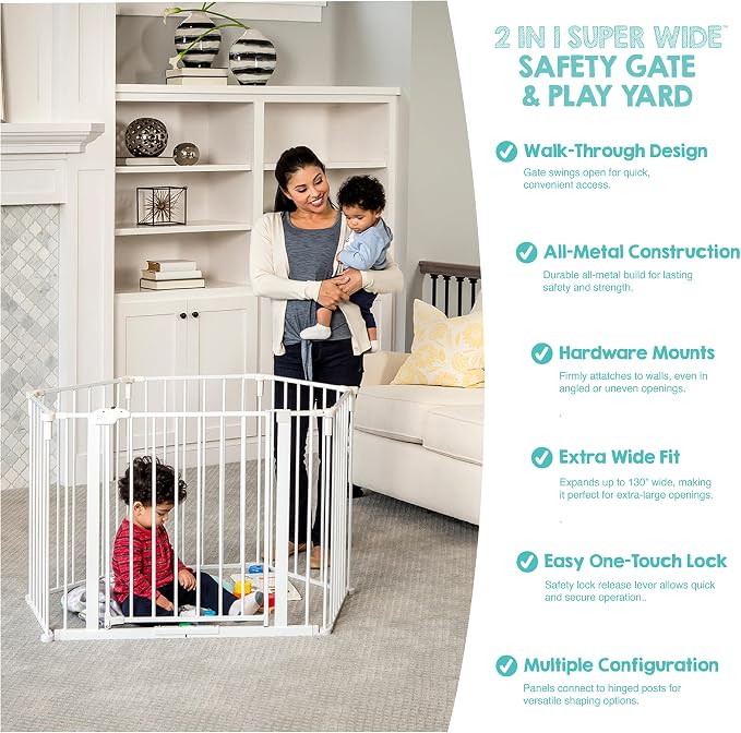 Regalo Safety 56"-130" Metal 2-in-1 Super Wide Baby Gate & Play Yard | Adjustable Playpen, For Doorways & Open Spaces, For Babies, Toddlers & Pets, White, Tested & Trusted for 30 Years