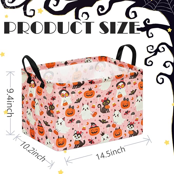 Pink Halloween Storage Basket for Girls, Pumpkin Ghost Bat Spider Design