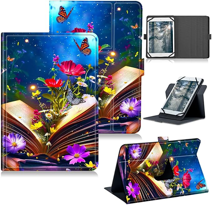 Universal Tablet Case for T-Mobile Revvl Tab 2 10.1" Model:9185W 2025/Revvl Tab 5G 10.36" 2023, 360 Degree Rotating Kickstand Protective Stand Leather Shell Cover for 9"-10.5", Book Flower