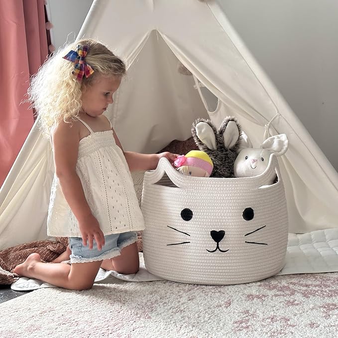 Large Woven Rope Cat Toy Basket with Cat Face Design, White | 15.7" x 11.8" Toy Bin & Box for Living Room Nursery, Baby Storage Basket for Towels, Blankets, with Sturdy Handles
