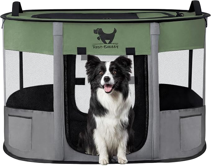 Dog Playpen, Foldable Kitten Playpen for Medium Dogs, Portable Pet Puppy Playpen with Removable Shade Cover, Indoor Outdoor Travel Camping Use for Small Pets with Carrying Case (M, Green)