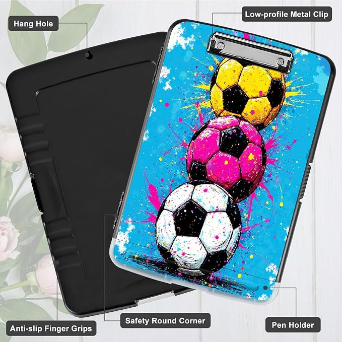 A4 Clipboard with Storage Pen Holder, Clipboards Organizer Nursing Clipboard Foldable File Folder Plastic Clipboard Folio Clip Board for Office Work Classroom Doctor, Soccer Painting