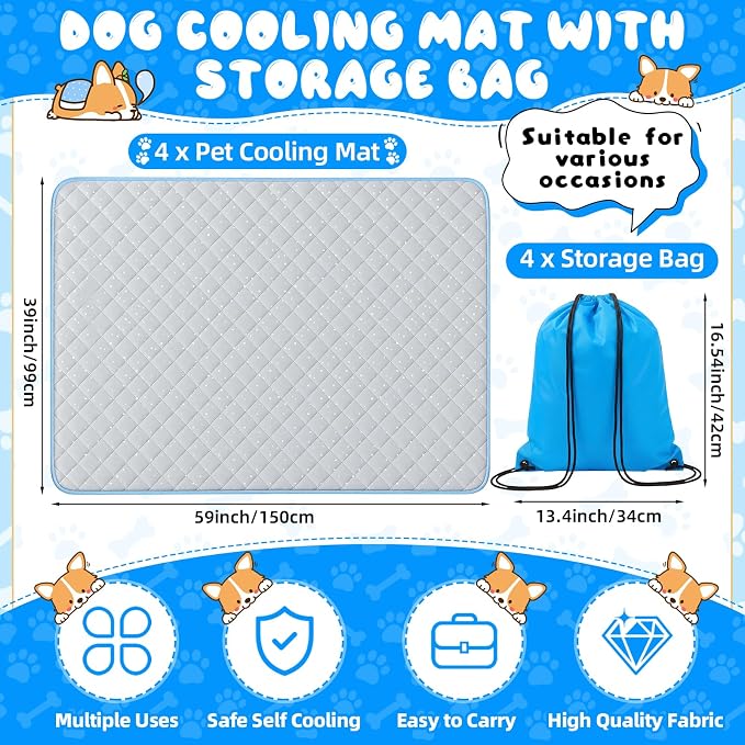 Nuanchu 4 Pack Dog Cooling Mat for X-Large Dogs, 39'' x 59'' Self Cooling Dog Pad with Storage Bags Pet Bed Blanket for Dogs, Breathable & Washable for Summer Indoor Outdoor Crate Car Seat Travel