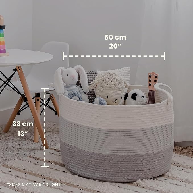 OrganiHaus Round Toy Basket & Blanket Basket, Cotton Rope 20x13" | 3-Toned Gray - Round Cotton Rope Basket, 20x13"