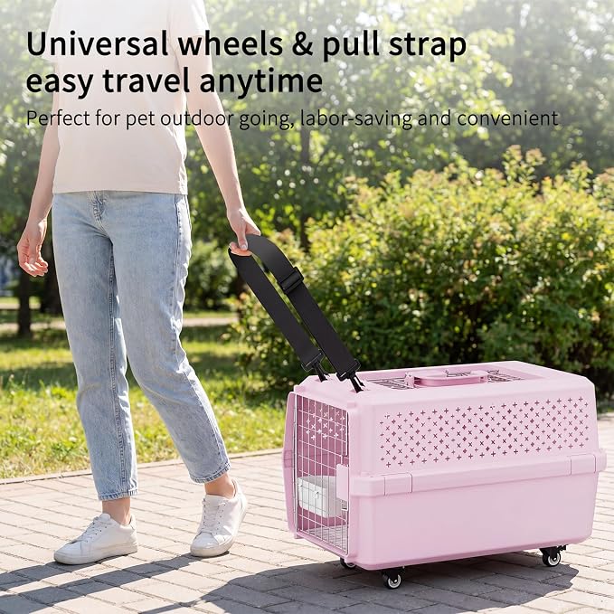 Hard-Sided Carrier: Opening Top Rolling Crate Ventilated 25 lbs | Smooth-Rolling Wheels & Pull Strap / Top Access Door / Spacious Interior / 360° Ventilation / Includes Feeding Bowl