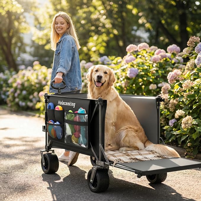 58" L Extender Collapsible Wagon, Extra Long with Tailgate | Foldable Wagon Cart, Heavy Duty Rolling Utility Cart with All-Terrain Big Wheels for Camping Shopping Sports Beach, Black