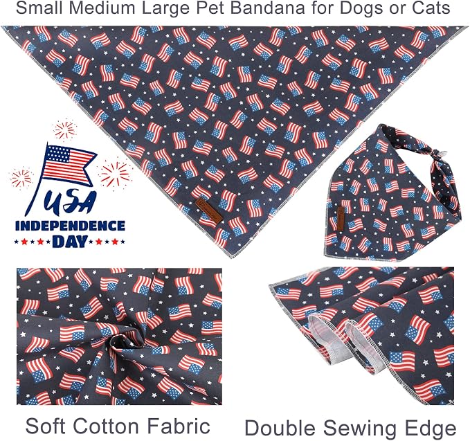 4th of July Dog Bandana, Patriotic Bandana for Small Medium Dog, Cute Patriotic Puppy Bandana, Cotton American Flag Pet Triangle Bid Scarf Kerchief for Girl Boy Dogs or Cats