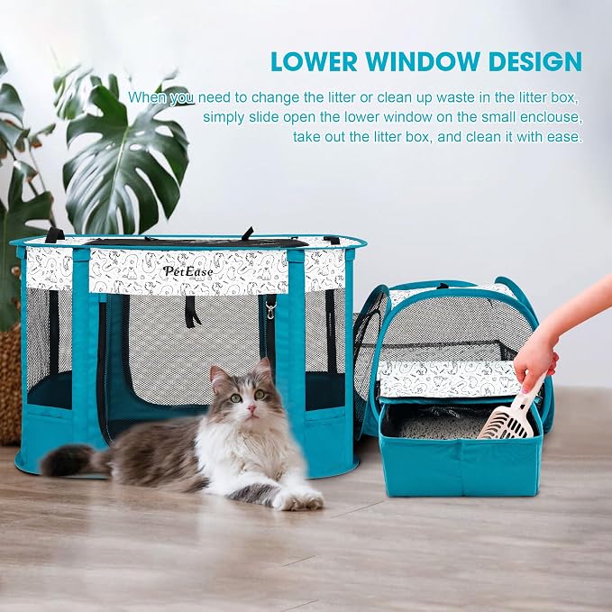 Portable Cat Playpen with Litter Box, Cat Enclosure for Camping, Cat Recovery Playpen After Surgery, Foldable Indoor Outdoor Pet Tent for Cats Rabbits Puppies (Peacock Blue)
